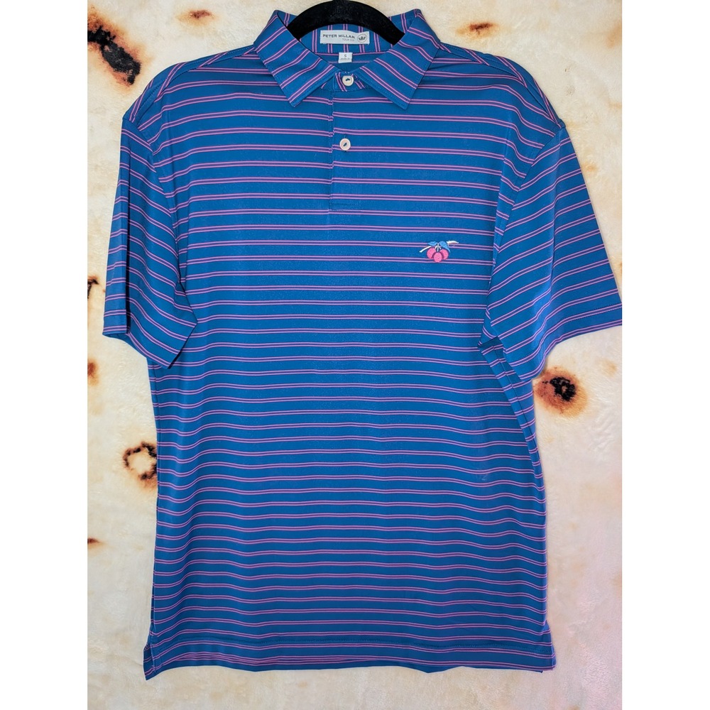 Peter Millar Polo Mens S Blue Pink Striped Cherry Golf Tour Fit MS18EK202STO